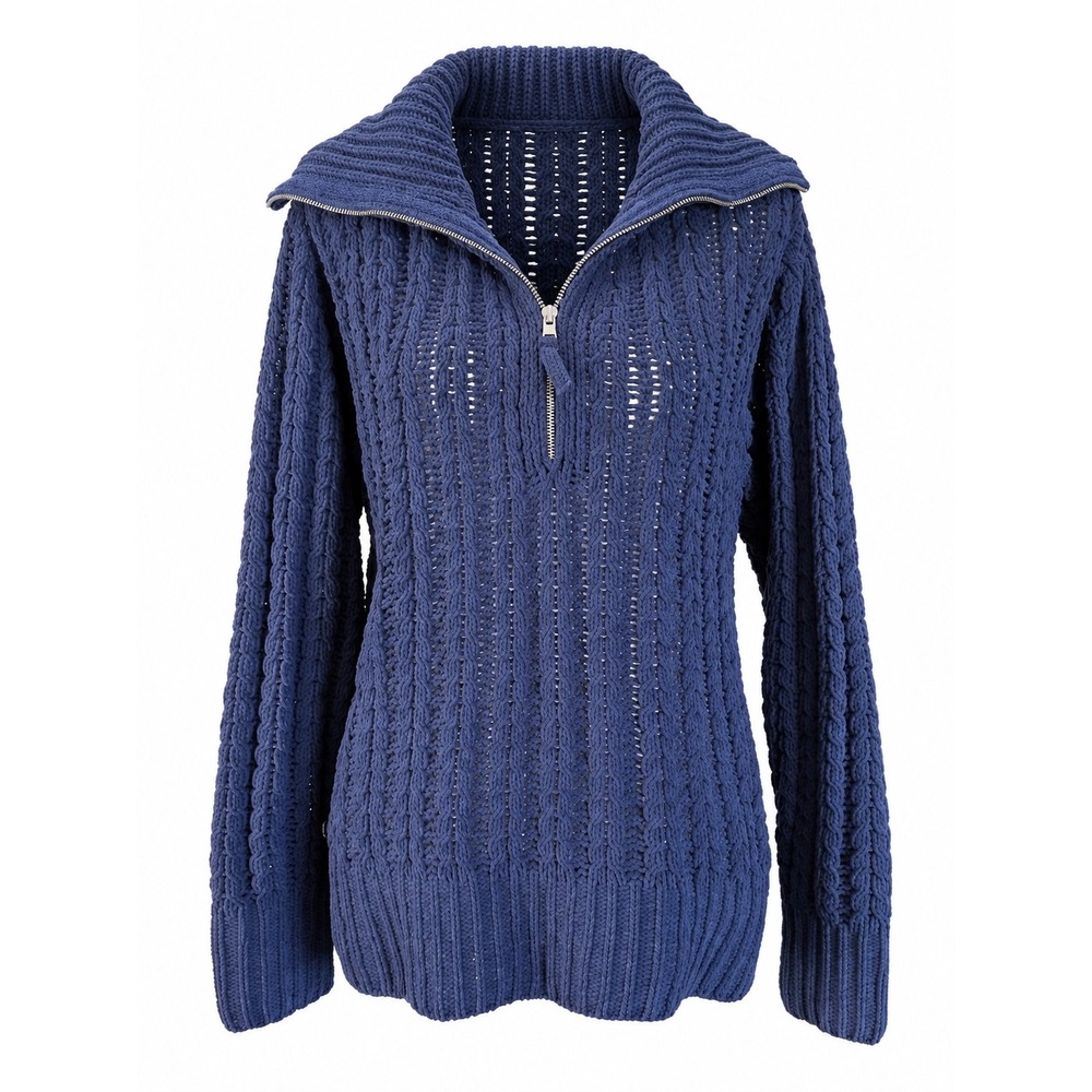 Aerie Chenille Quarter Zip Chunky Cable Knit Sweater Womens Small Navy Blue
